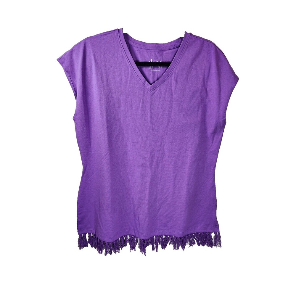 ​D&Co M Purple V-Neck Top Fringe Hem Cotton Blend Cap Sleeve T-Shirt